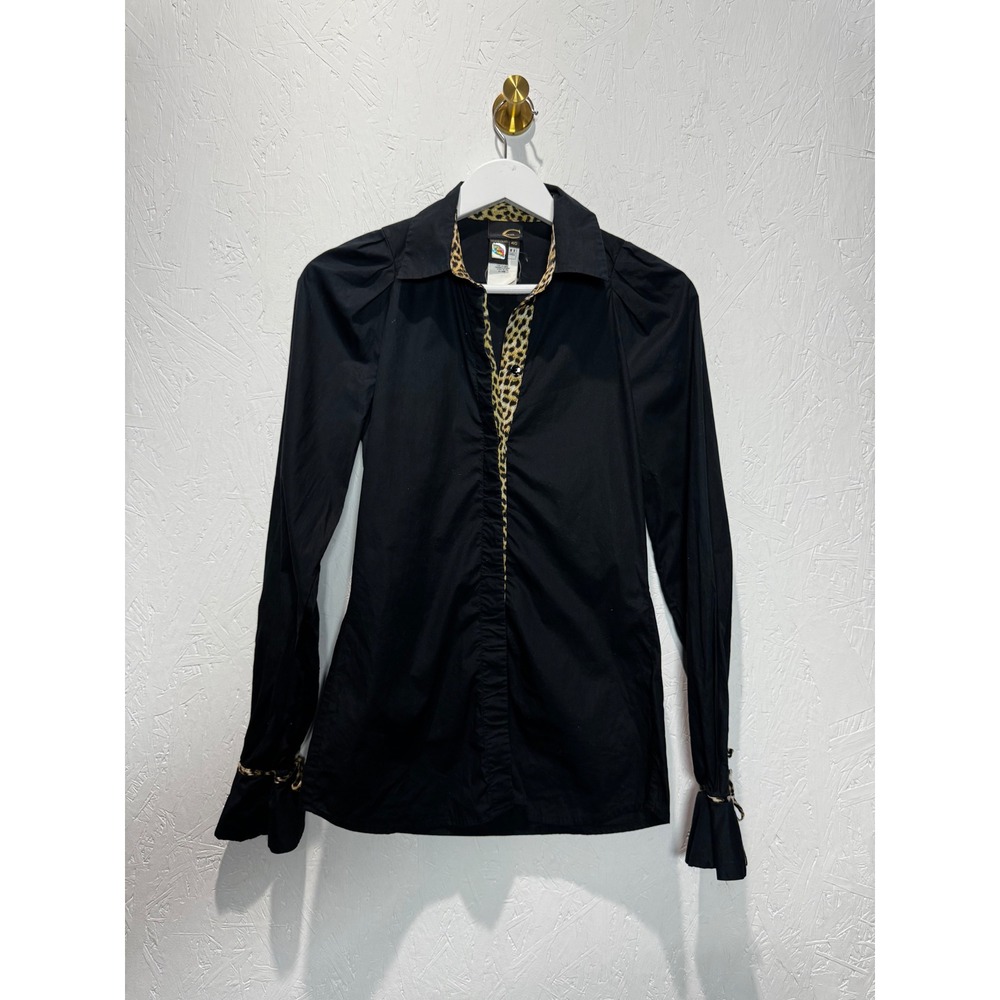 Just Cavalli Roberto Cavalli Black Leopard Trim Button Down Shirt IT 40 1C132009